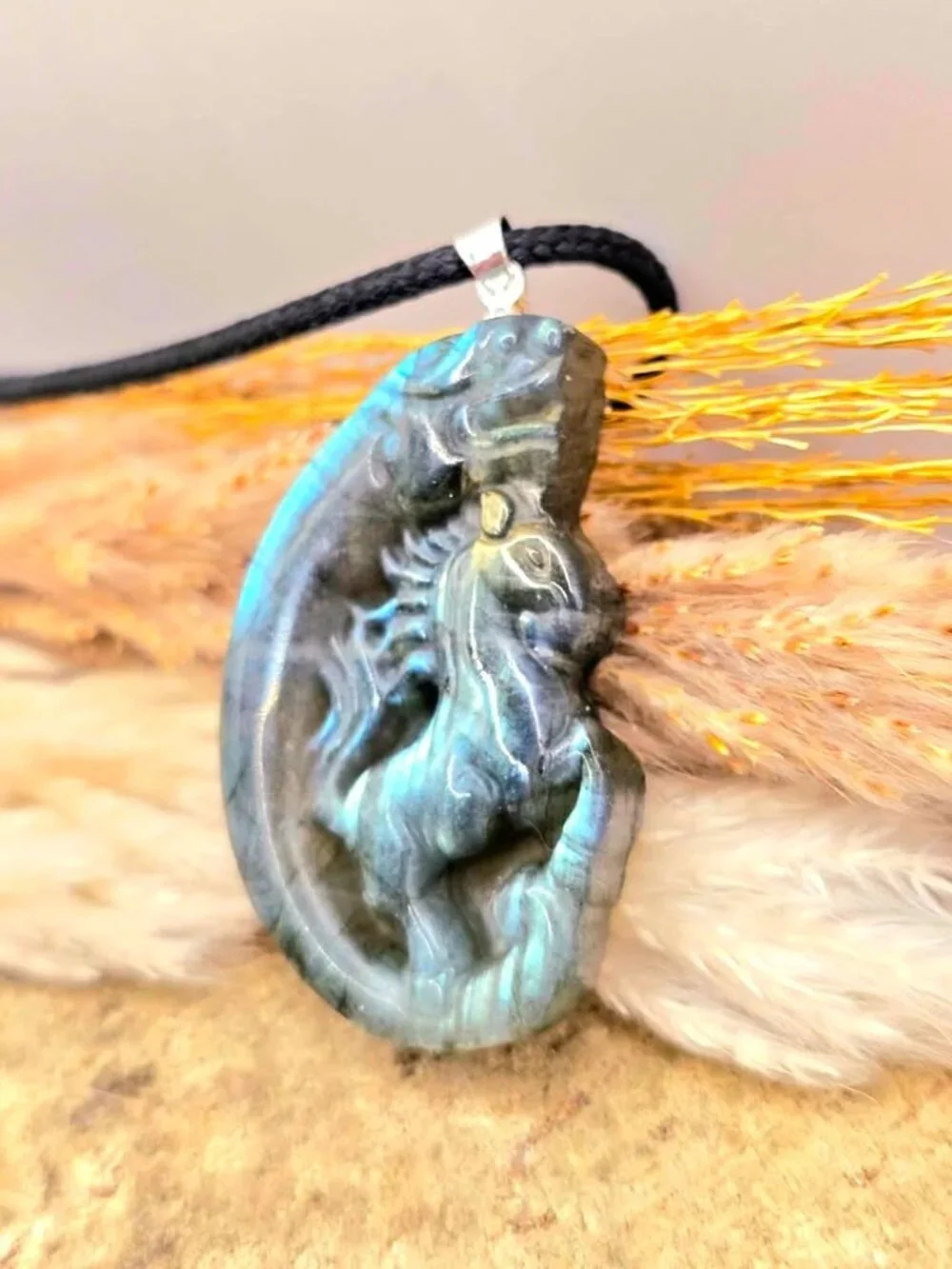 Nature Labradorite Horse And Dragon Pendant Necklace